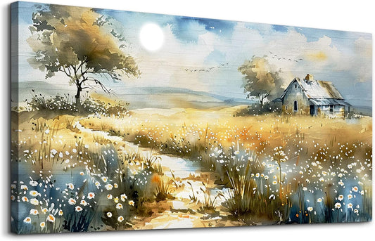 KELIYUAN Vintage Wildflower Field Landscape Painting Wall Art For Dining Room Kitchen Art Print