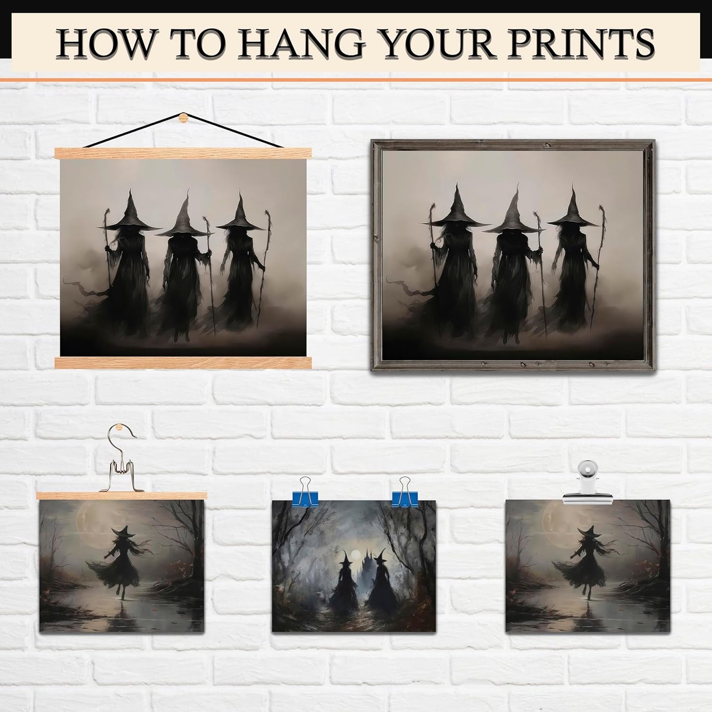 LANCHI95 3 Pcs 8x10in Vintage Rustic Witch Posters Halloween Wall Art Witch in The Forest Painting