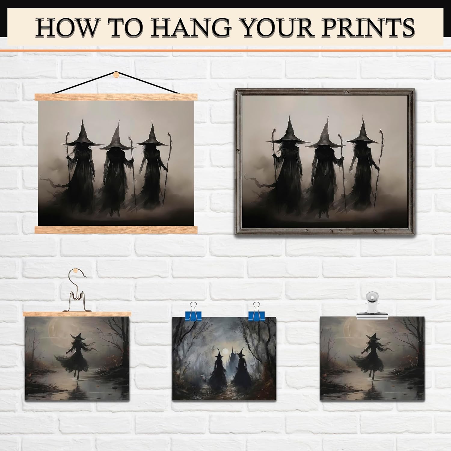 LANCHI95 3 Pcs 8x10in Vintage Rustic Witch Posters Halloween Wall Art Witch in The Forest Painting