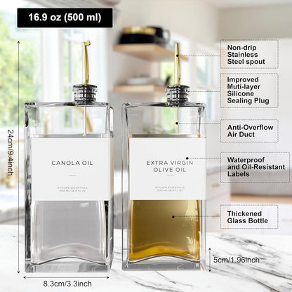 Olive Oil Dispenser for Kitchen, 16.9 oz/ 500 ml Olive Oil Dispenser Bottle, Glass Oil Bottles for