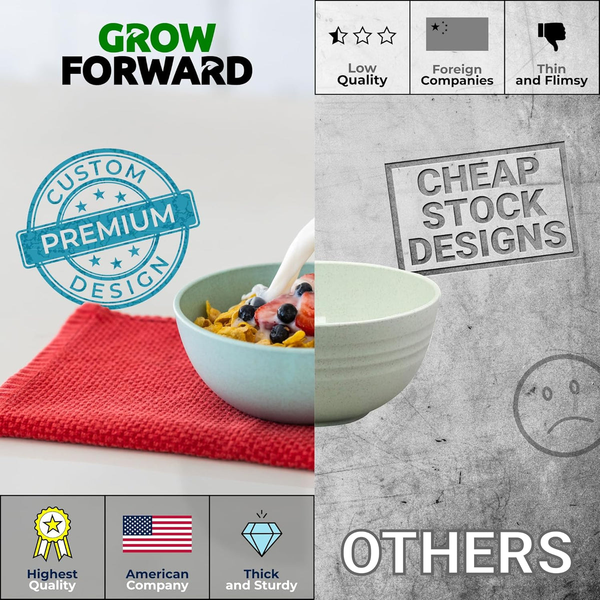 Grow Forward Premium Wheat Straw Bowls - 20oz Microwave Safe Plastic Cereal Bowls Set of 8 for