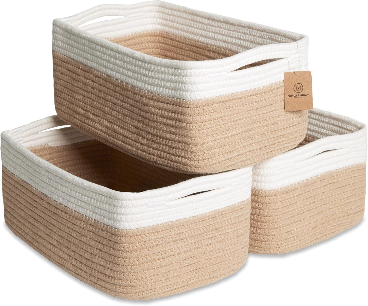 NaturalCozy 13.5”x8.5”x5.5” Storage Baskets for Shelves 3 Pack | Cotton Rope Woven Small Baskets