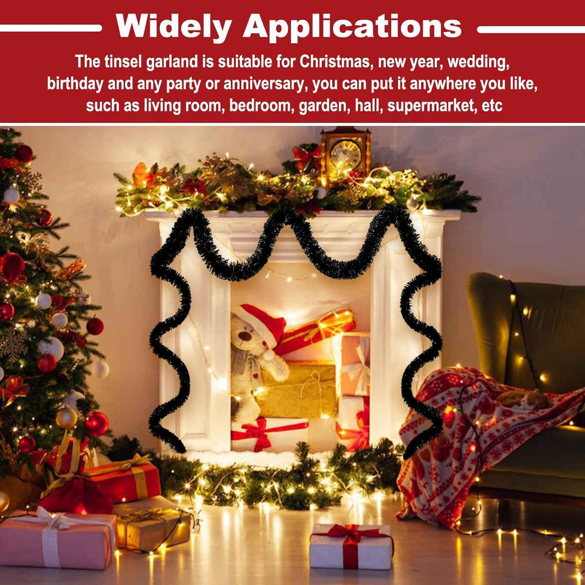 50 Feet Christmas Tinsel Garland, Metallic Twist Wall Hanging Tinsel Backdrop for Parade Floats