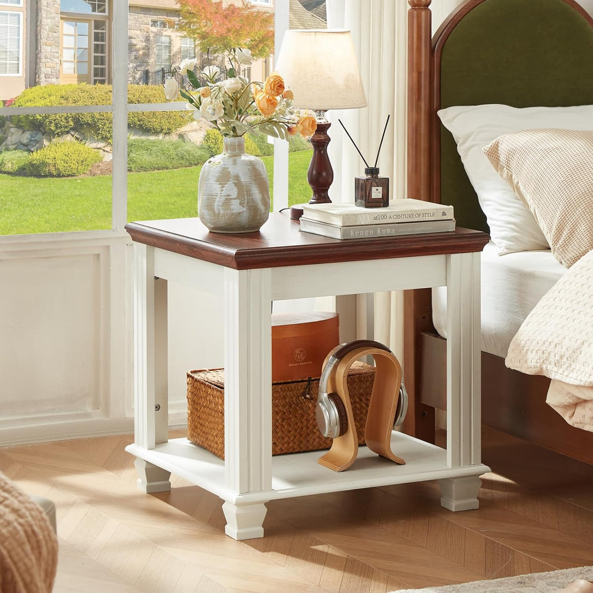 Farmhouse End Table with 2-Tier Storage Shelf, 22.8 inch Side Table for Living Room,Modern