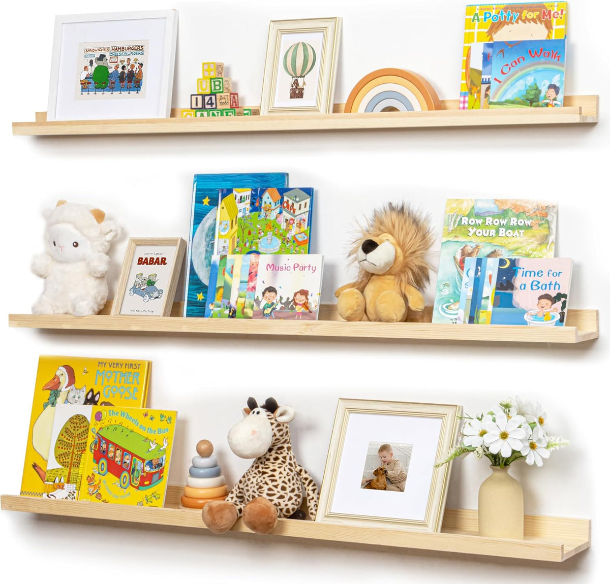 Picture Ledge Shelf for Wall, 48 inches Solid Pine Wood Nursery Book Shelves 3 Packs, Floating