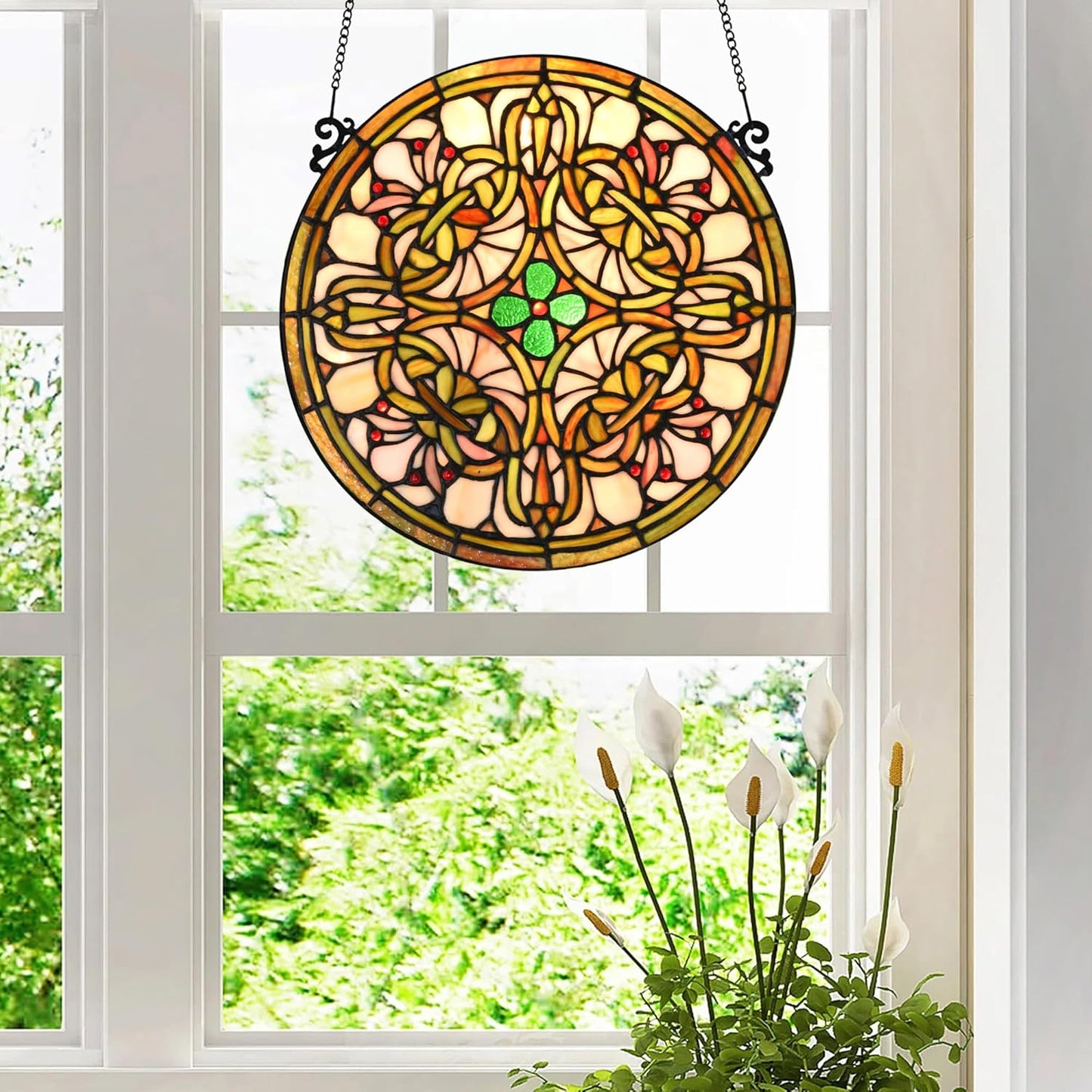 Tree of Life Tiffany Style Stained Glass Window Panel (KP122N), Yellow Sun Flower Design, Round