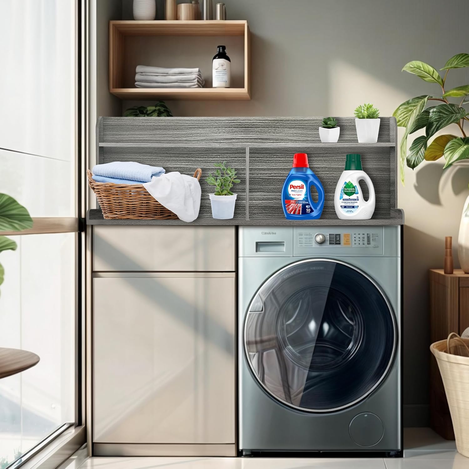 Royxen 2-Tier Washer Dryer Countertop,19.5"H Wood Washer and Dryer Topper with Shelf,Laundry