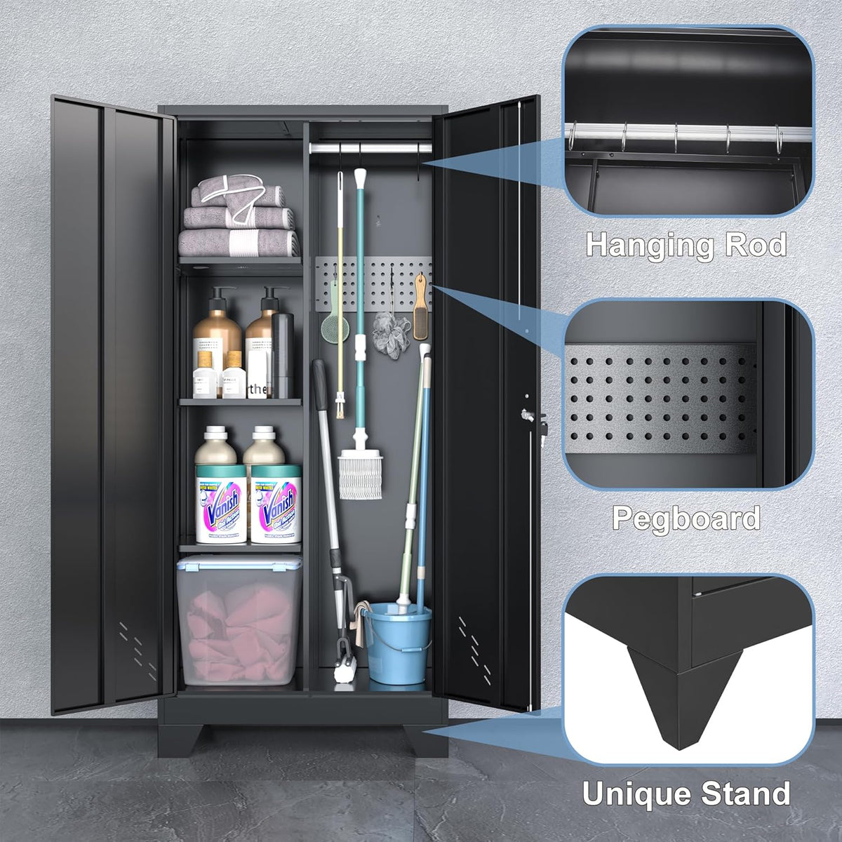 Metal Storage Cabinet with Locking Doors, 61" Tall Garage with Hanging Rod, Broom Closet