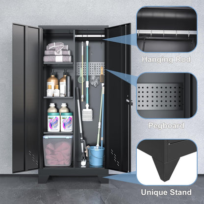 Metal Storage Cabinet with Locking Doors, 61" Tall Garage with Hanging Rod, Broom Closet