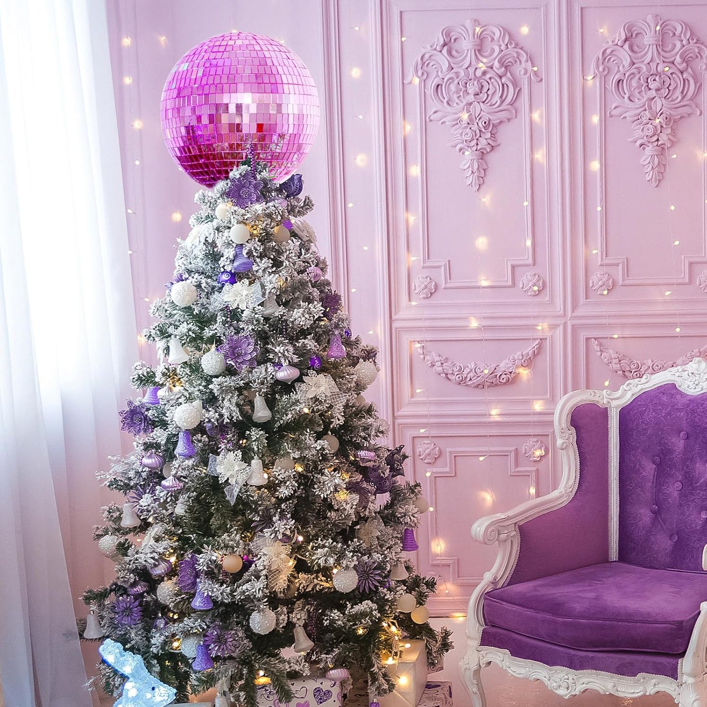 Retisee 8'' Pink Disco Ball Christmas Tree Topper Disco Mirror Ball Xmas Tree Topper 3D Hollow Pink