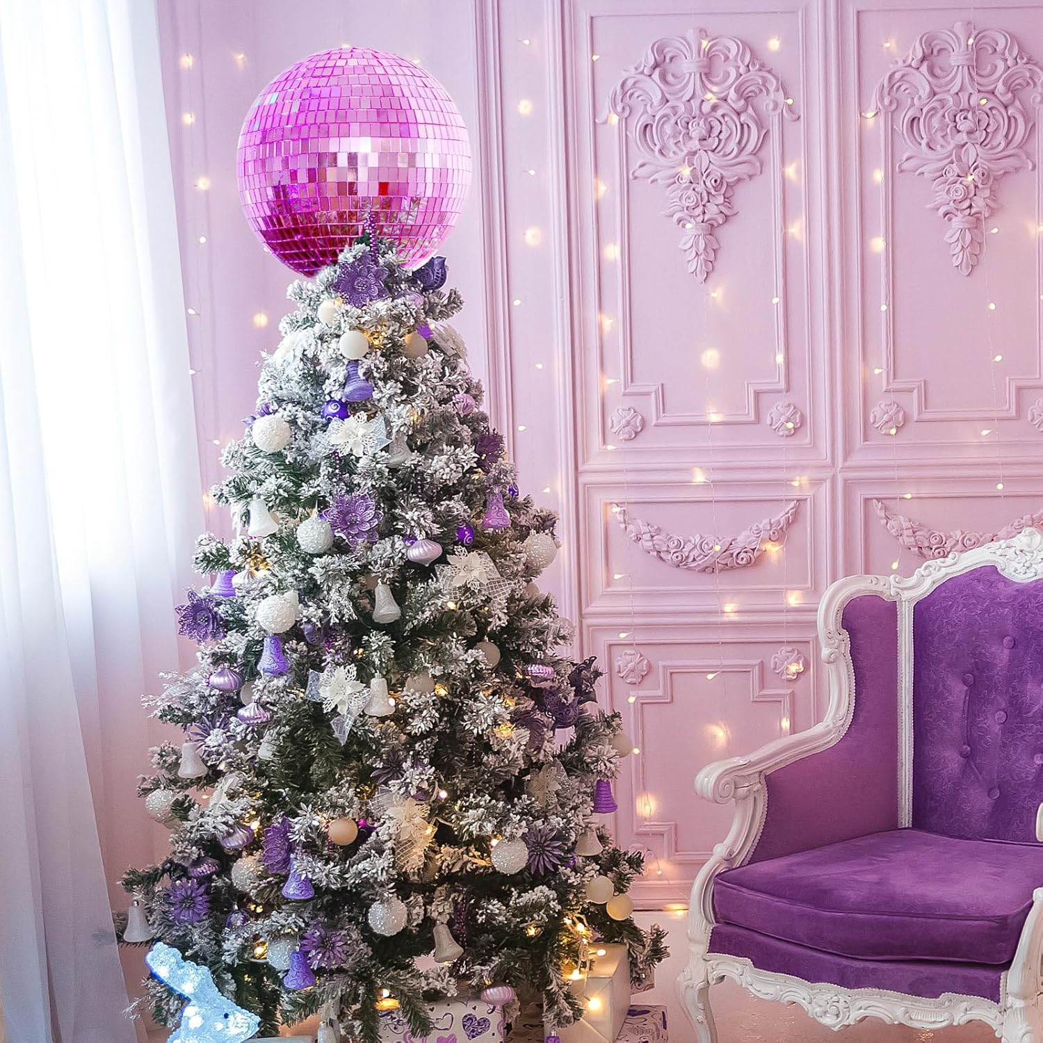 Retisee 8'' Pink Disco Ball Christmas Tree Topper Disco Mirror Ball Xmas Tree Topper 3D Hollow Pink