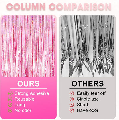 3 Pack 3.3x8.2 Feet Laser Pink Foil Fringe Backdrop Curtains, Tinsel Streamers Birthday Party