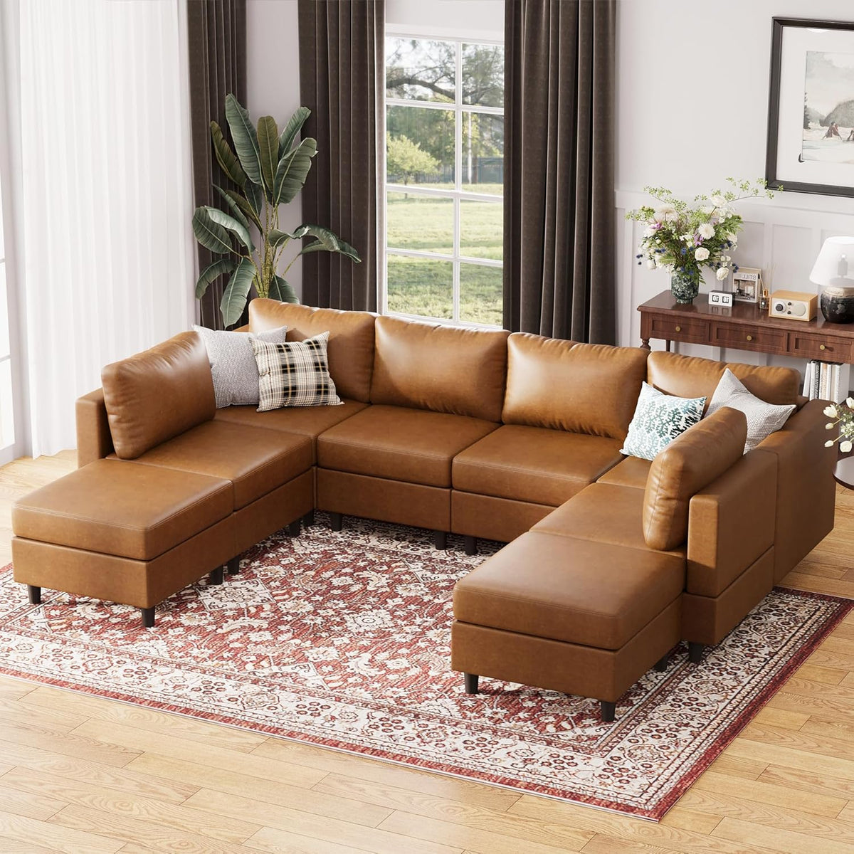 118.5" Faux Leather Modular Sectional Sofa, Modern Large 8 Seater U Shaped Couch with Storage Seat