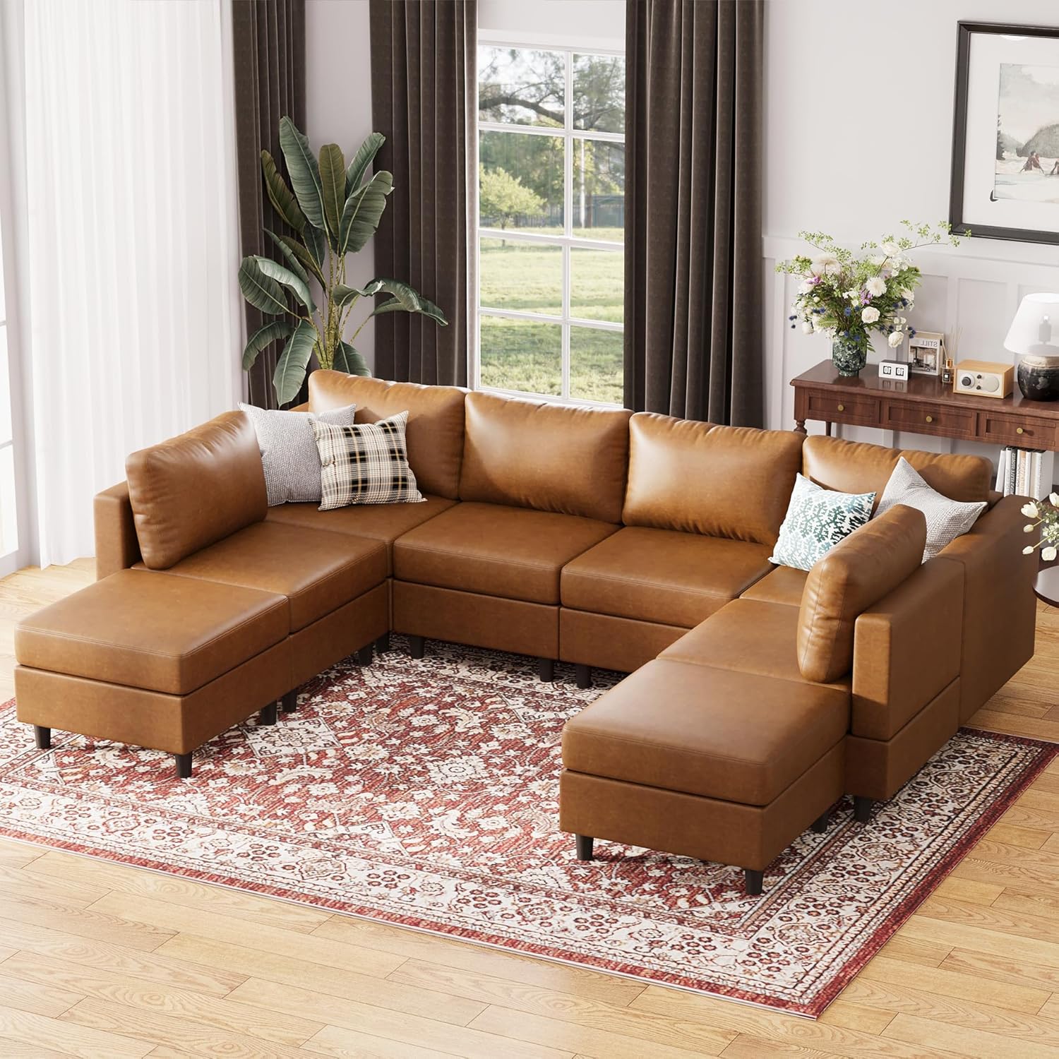 118.5" Faux Leather Modular Sectional Sofa, Modern Large 8 Seater U Shaped Couch with Storage Seat
