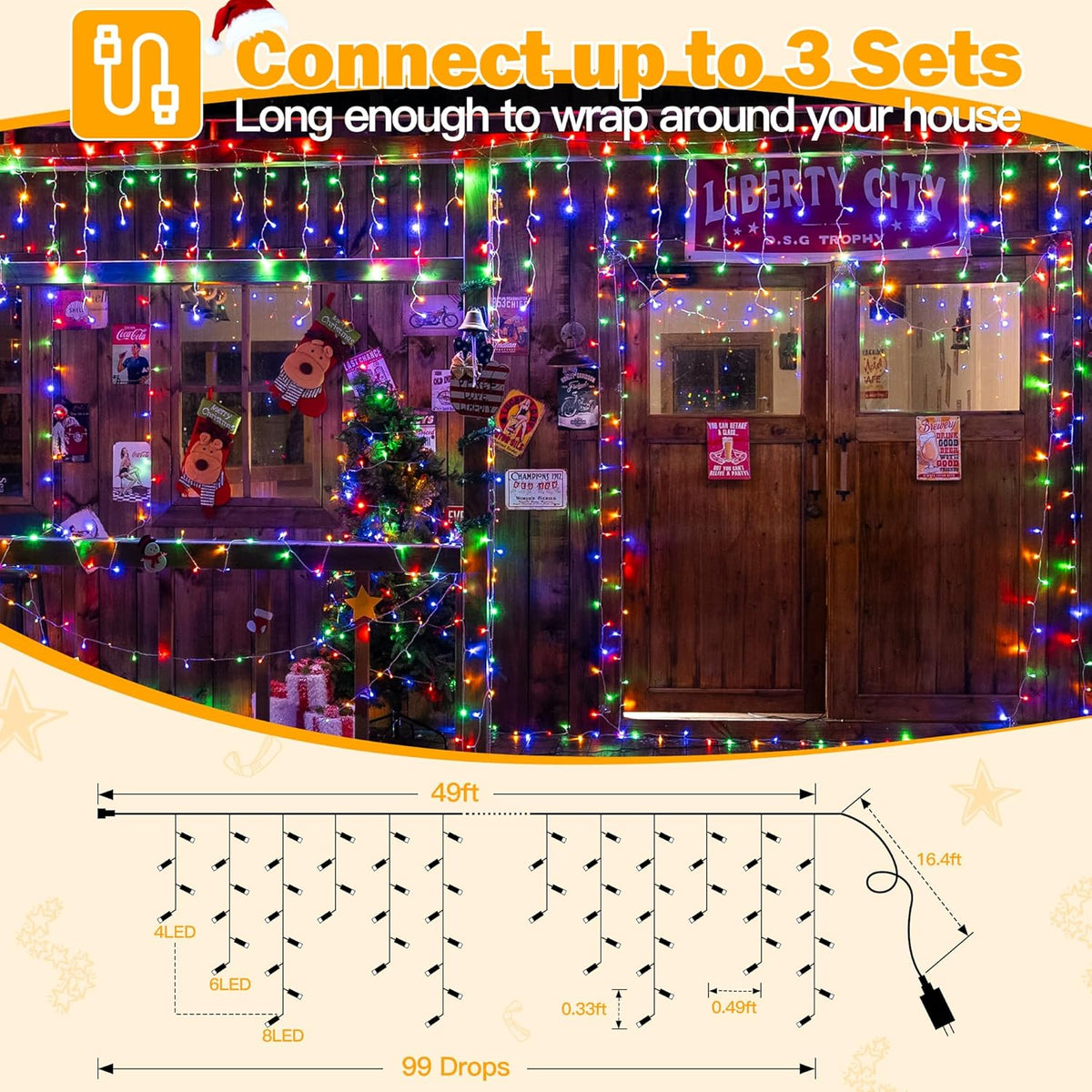 Ollny Icicle Lights Outdoor Multicolor, 594LED 49FT Christmas Lights with Remote 8 Modes Dimmable