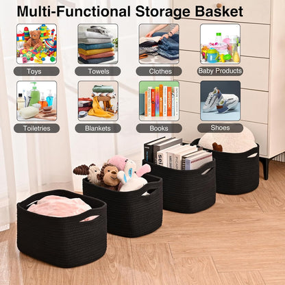 Black Storage Baskets for Shelves, Small Storage Baskets for Organizing, Woven Cotton Rope Baskets