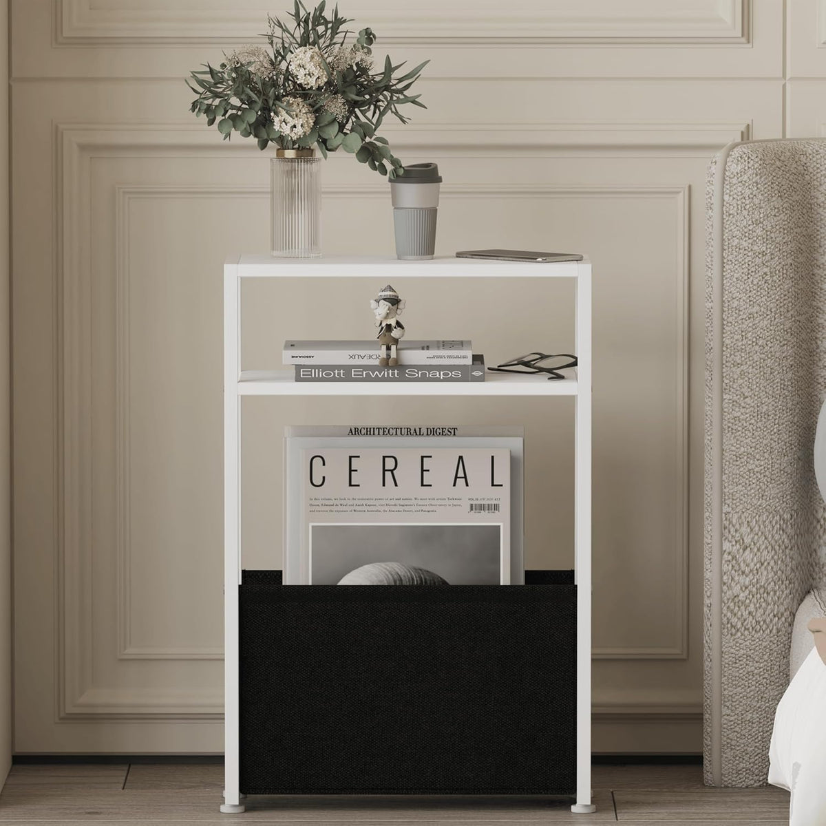 Narrow Side Table, Slim End Tables with Fabric Basket, Skinny Table for Small Spaces, Thin Bedside