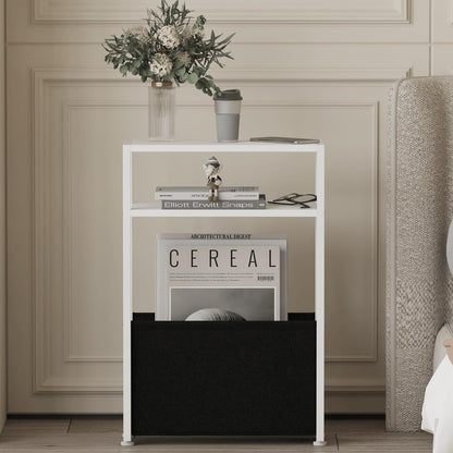 Narrow Side Table, Slim End Tables with Fabric Basket, Skinny Table for Small Spaces, Thin Bedside