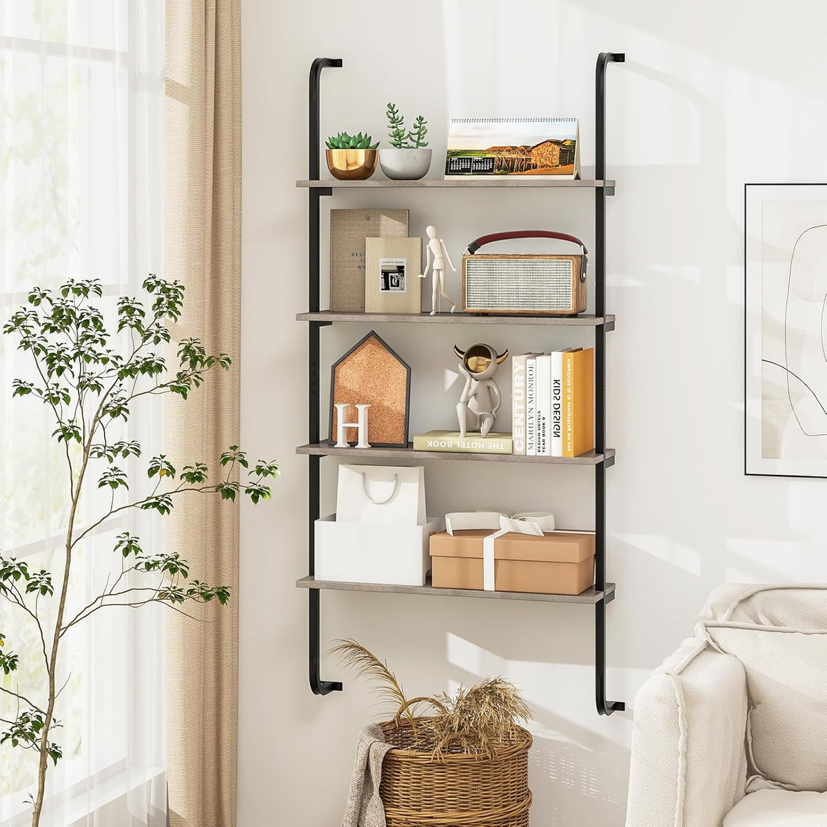 Giantex 4-Tier Industrial Bookshelf, Wall Mounted Pipe Shelving Unit, Floating Shelves with Metal