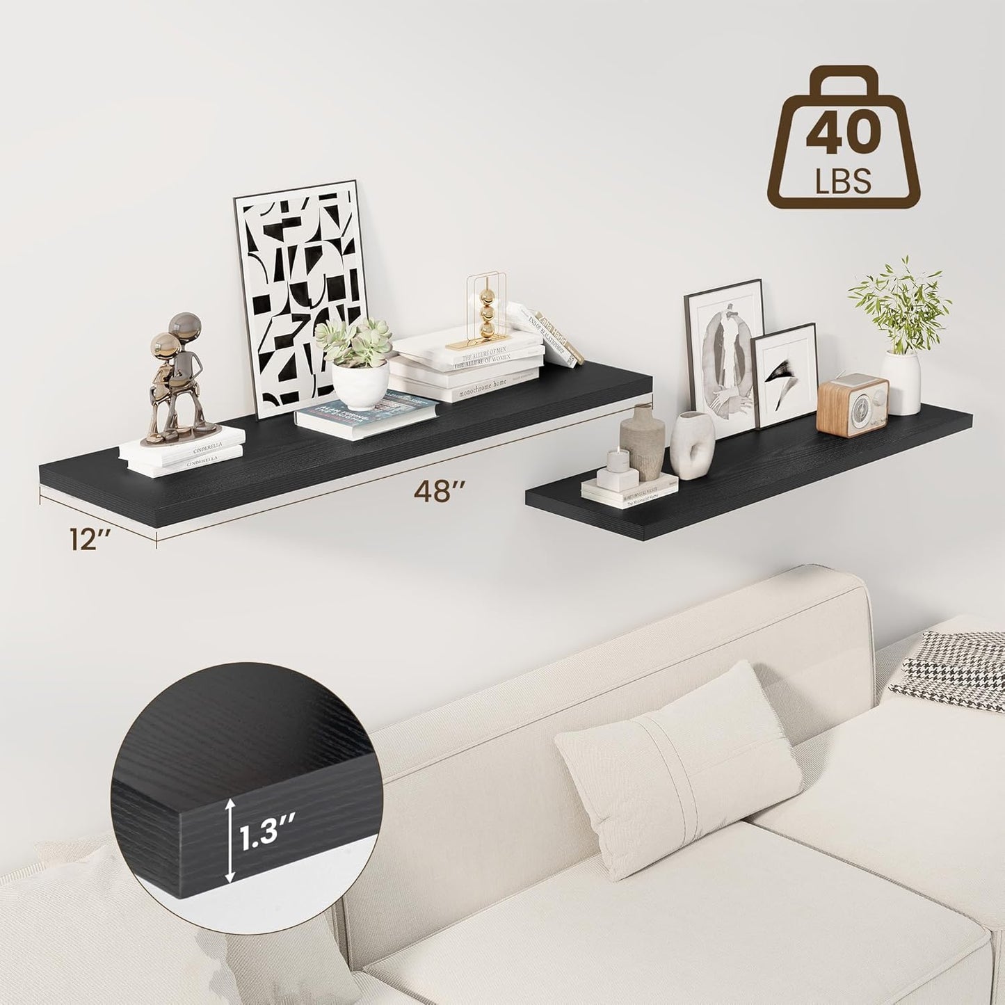 48" Floating Shelves for Wall, 12" Deep Slim Black Floating Shelves, Wall-Mounted Shelves for