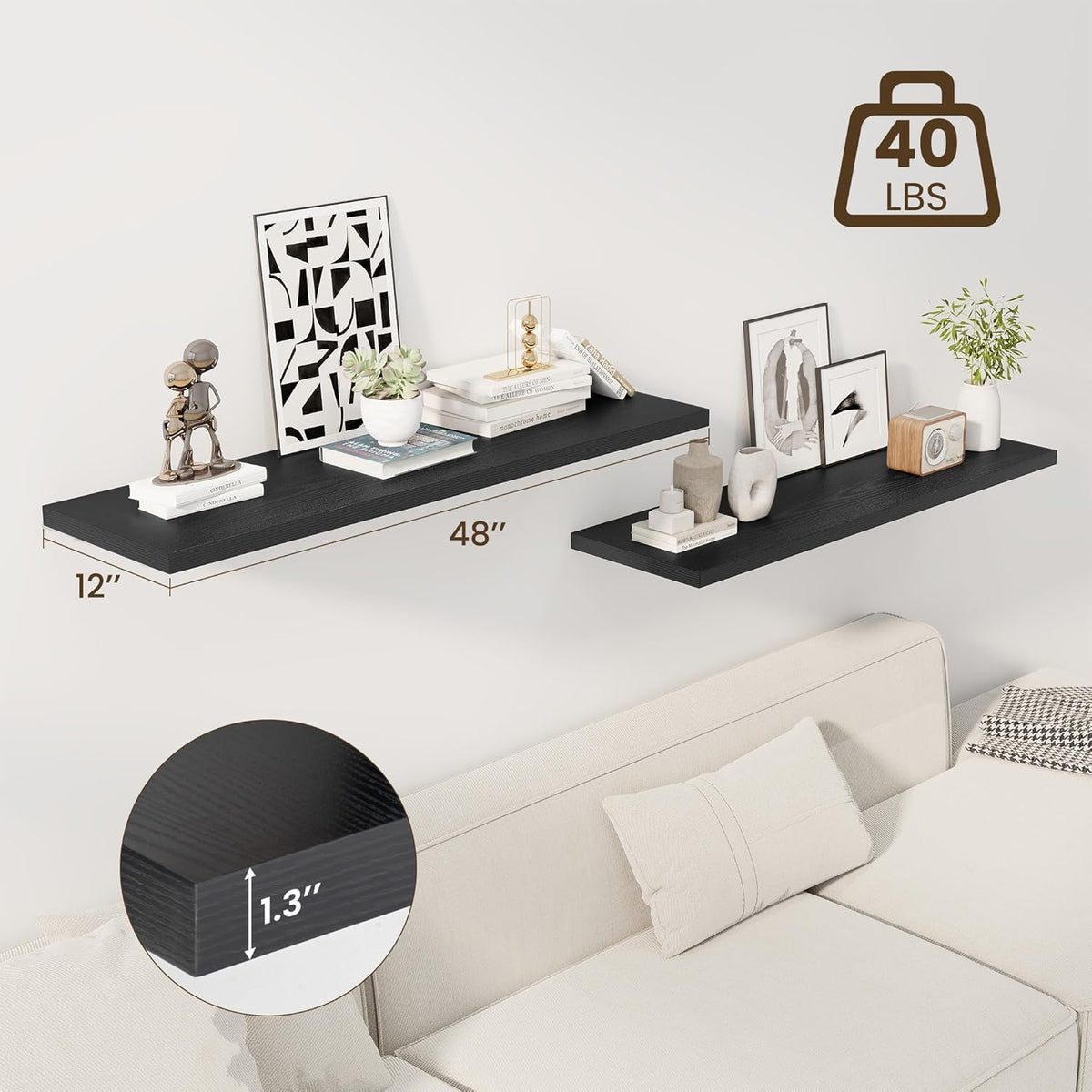 48" Floating Shelves for Wall, 12" Deep Slim Black Floating Shelves, Wall-Mounted Shelves for