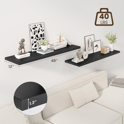 48" Floating Shelves for Wall, 12" Deep Slim Black Floating Shelves, Wall-Mounted Shelves for