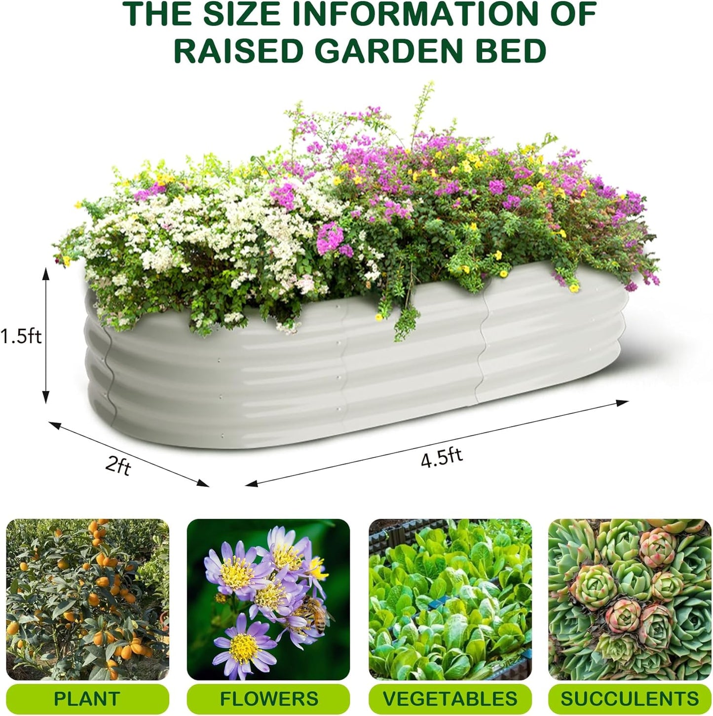 2 Pcs 4.5x2x1.5ft Oval Raised Garden Bed,Galvanized Raised Beds,Open-Ended Base Metal Raised