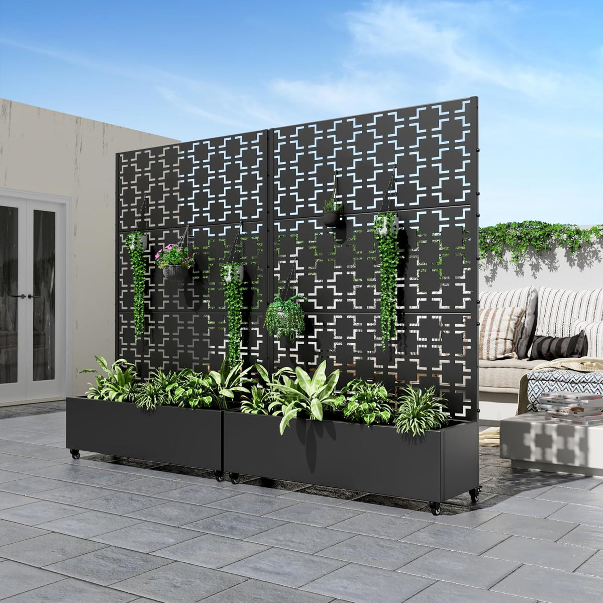 Casaphoria Metal Raised Garden Bed with Trellis and Wheels, 72"x47"x16" Planter Box for Climbing