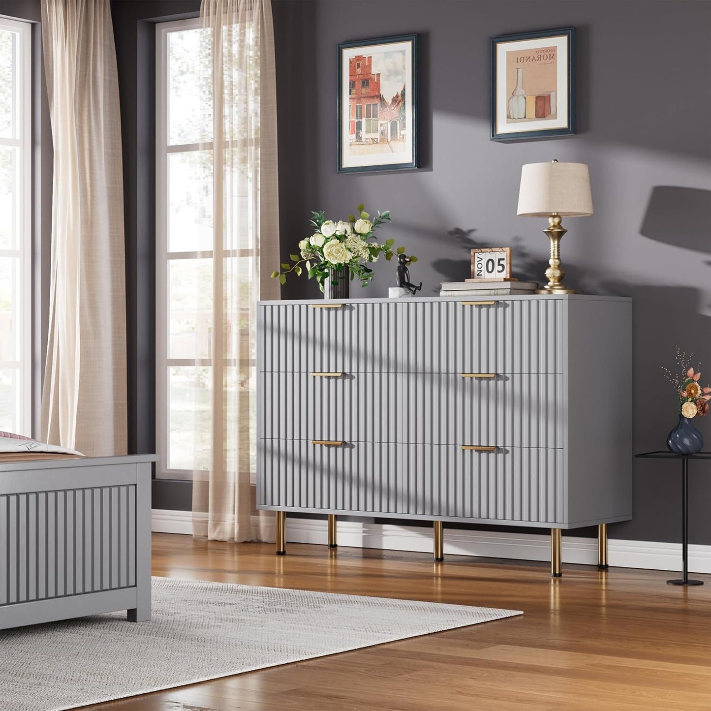 6 Drawer Dresser for Bedroom, Fluted 47.2" Wide Modern Chest of Drawers with Deep Drawers, Long