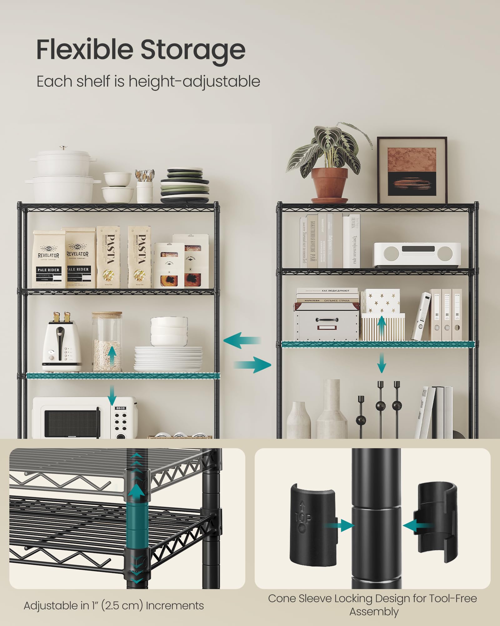SONGMICS Storage Shelf, Metal Wire Shelving Unit, 5 Tier, Ink Black