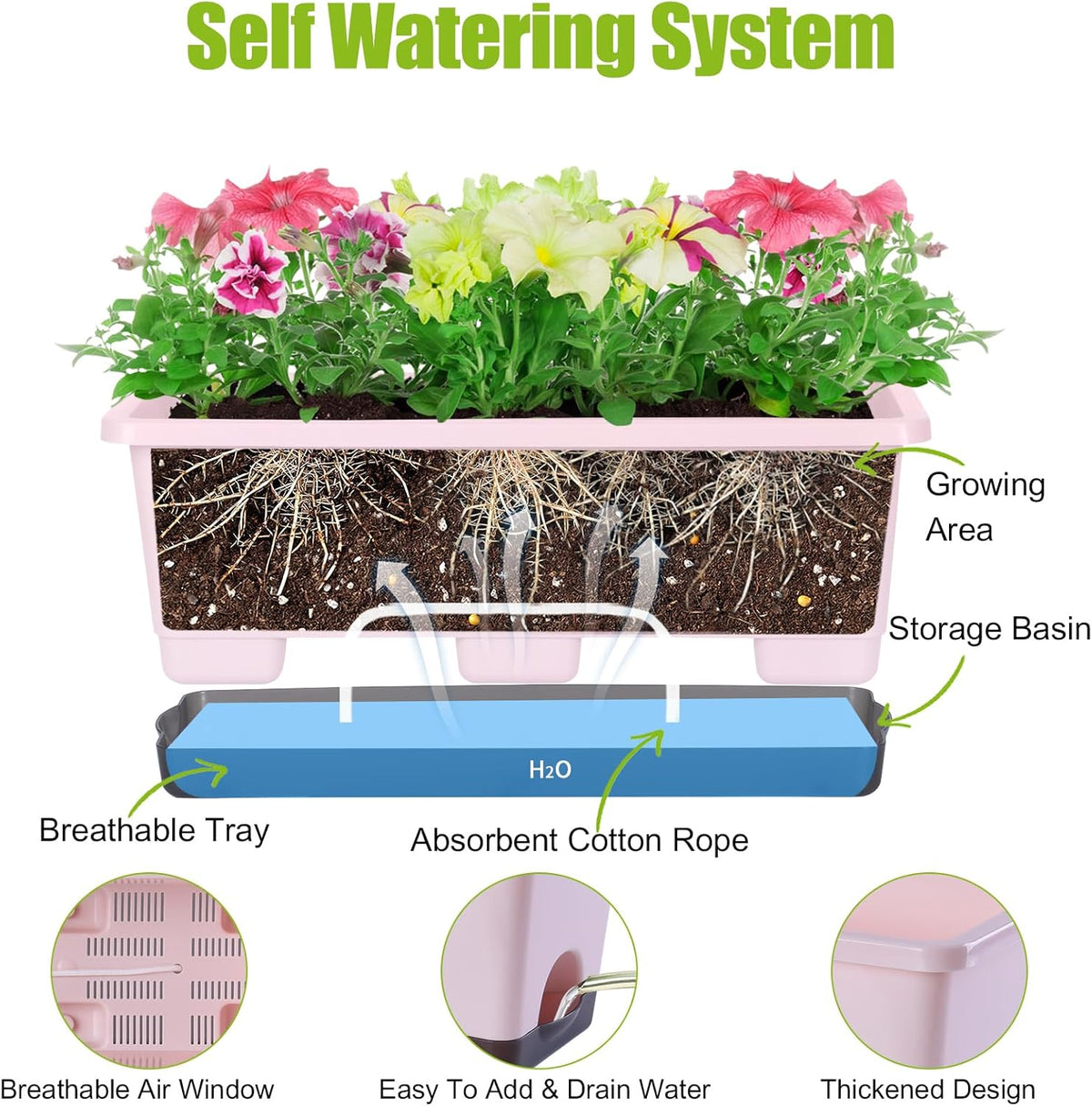 Window Box Planter 8 Pcs, 17 Inches Rectangle Flower Pots with Drainage Holes and Trays, Vegetable