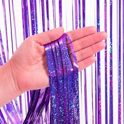 BRAVESHINE Purple Tinsel Foil Fringe Curtains - 2Pcs 3.2x8.2ft Metallic Holidays Photo Backdrop for