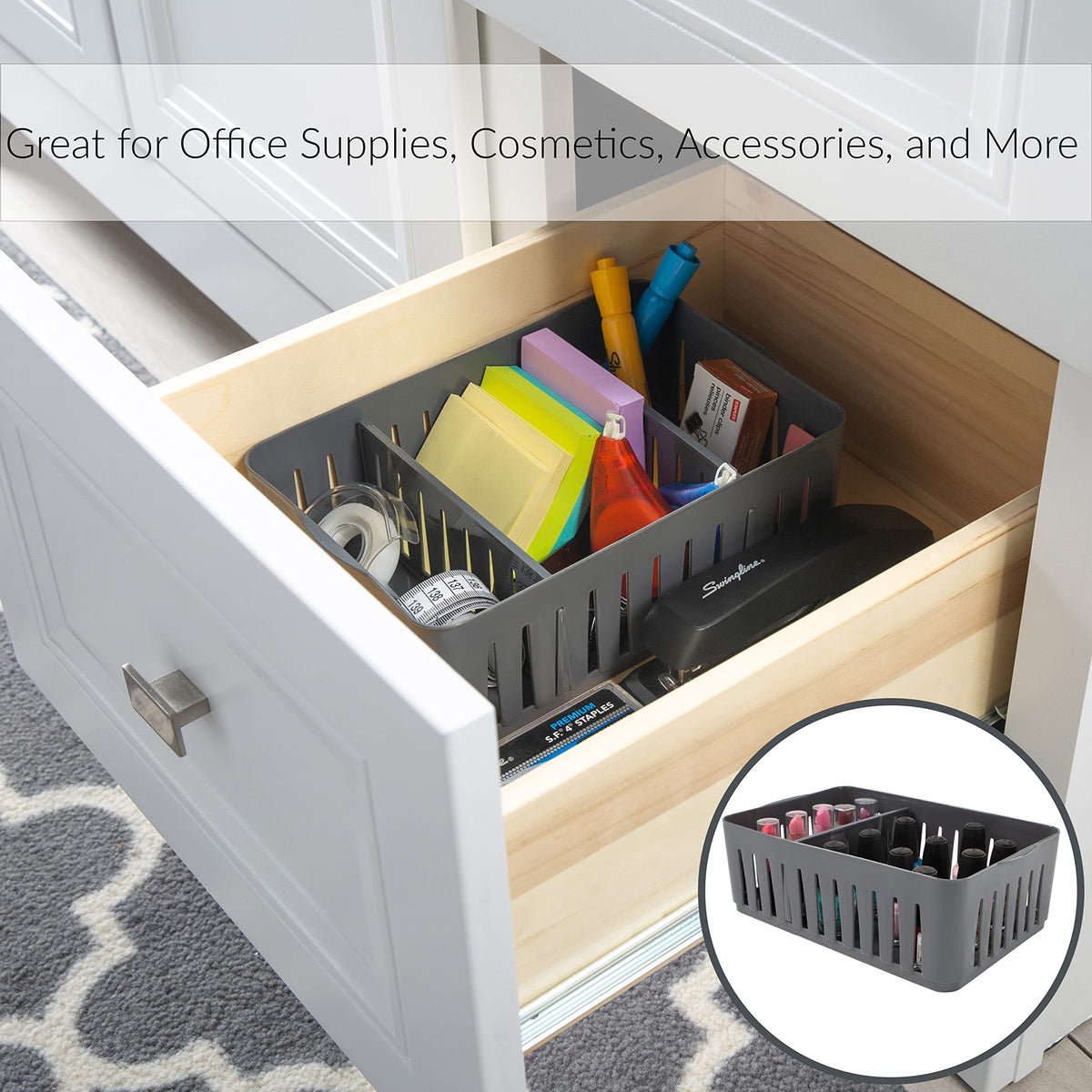Simplify 3 Compartment Stackable Bin with Adjustable Dividers | Drawer Organizer | Storage Basket |