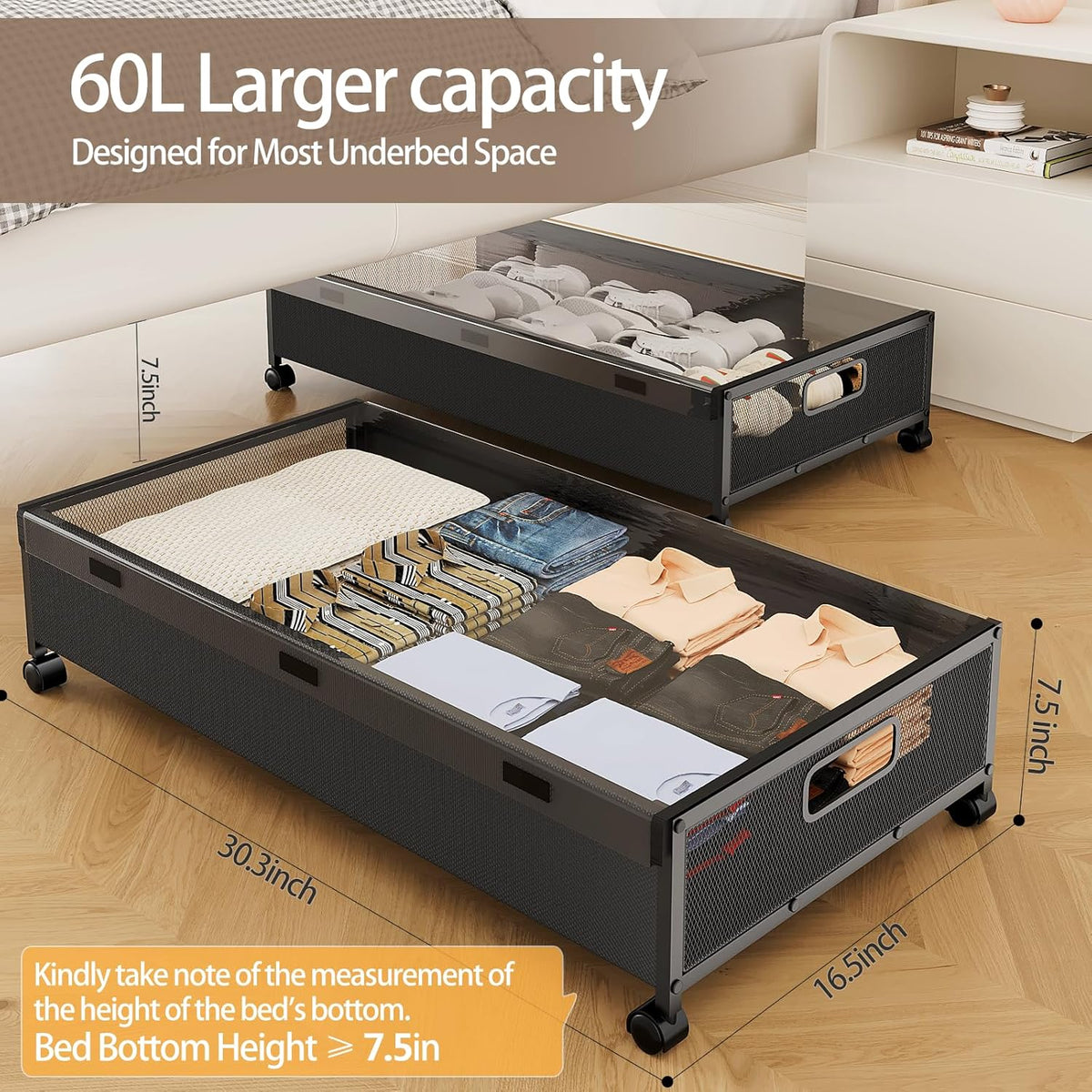 Under Bed Storage Containers with Wheels, 2 Pack Underbed Shoe Storage Organizer with Removable