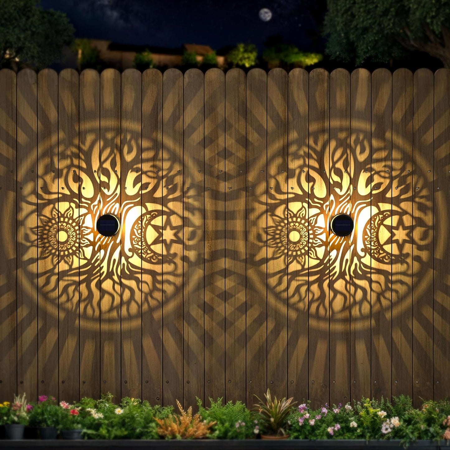 4 Pack Large Solar Fence Lights Metal Solar Powered Outdoor Wall Deck Step Lights Tree Theme