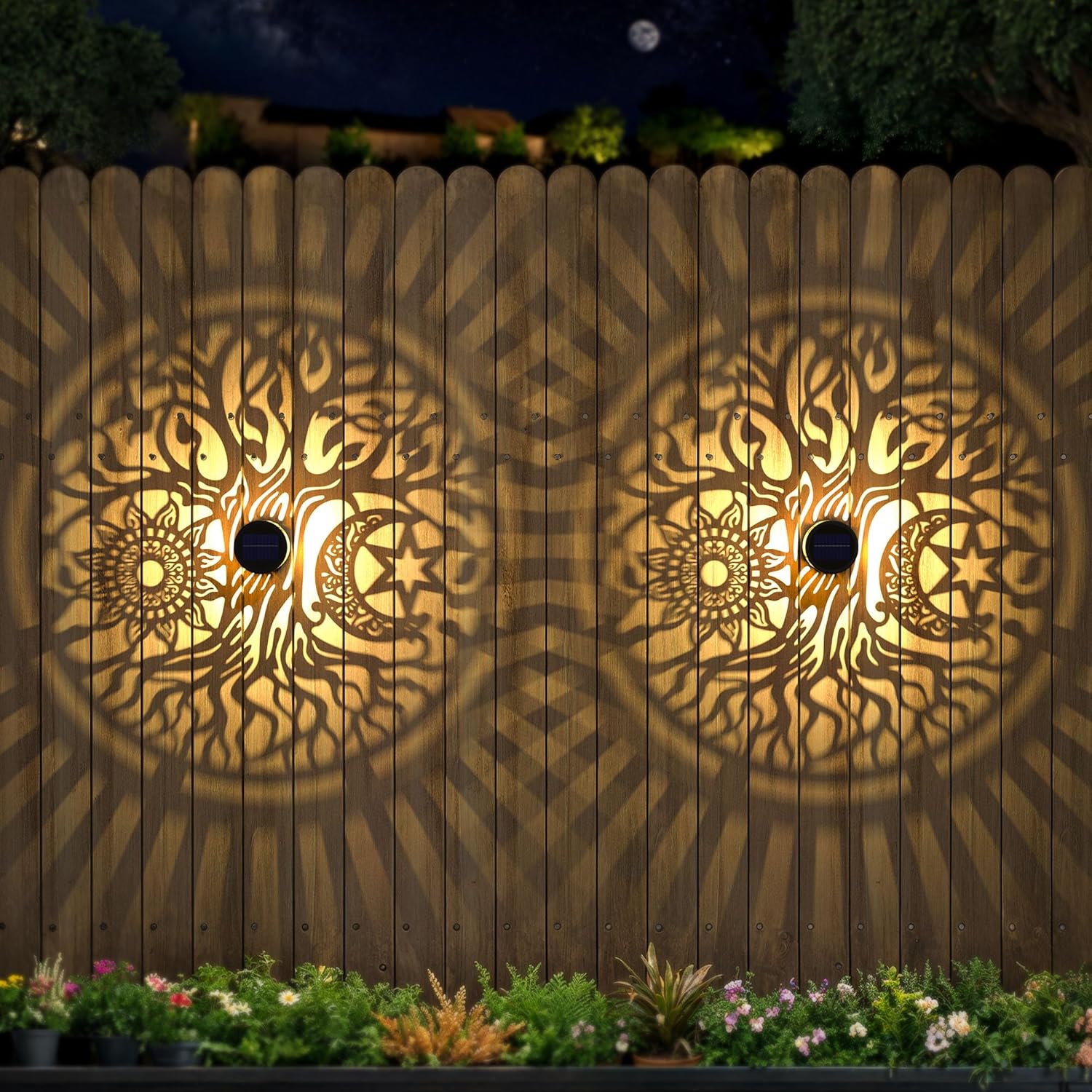 2 Pack Large Solar Fence Lights Metal Solar Powered Outdoor Wall Deck Step Lights Tree Theme