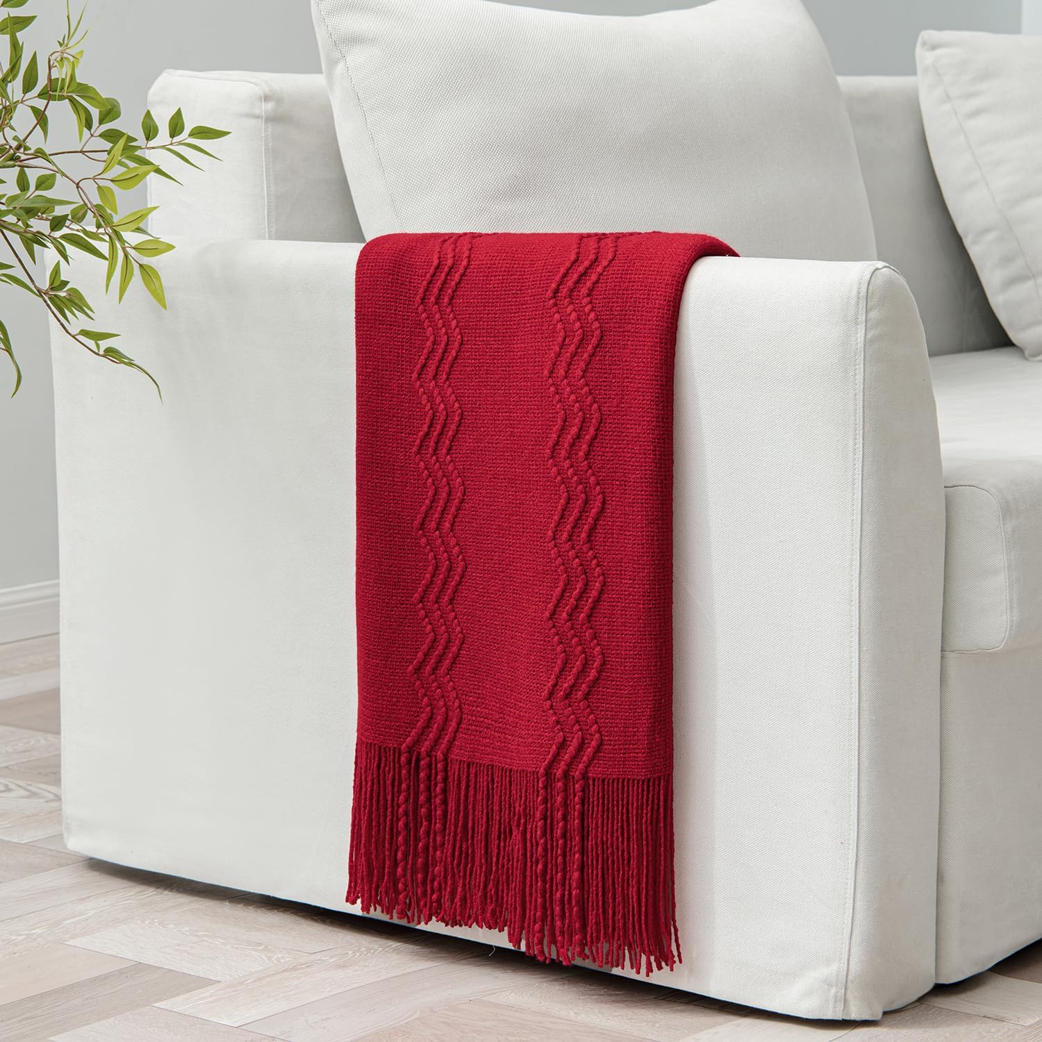 MIULEE Burgundy Red Knitted Throw Blanket for Couch Boho Textured Cozy Woven Blanket with Tassels