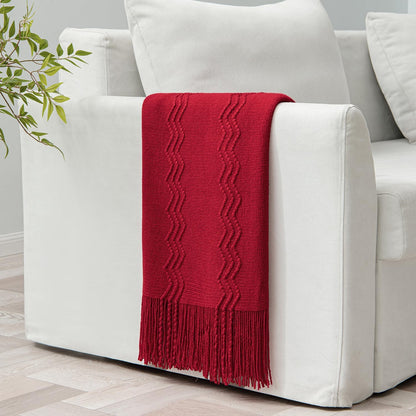 MIULEE Burgundy Red Knitted Throw Blanket for Couch Boho Textured Cozy Woven Blanket with Tassels