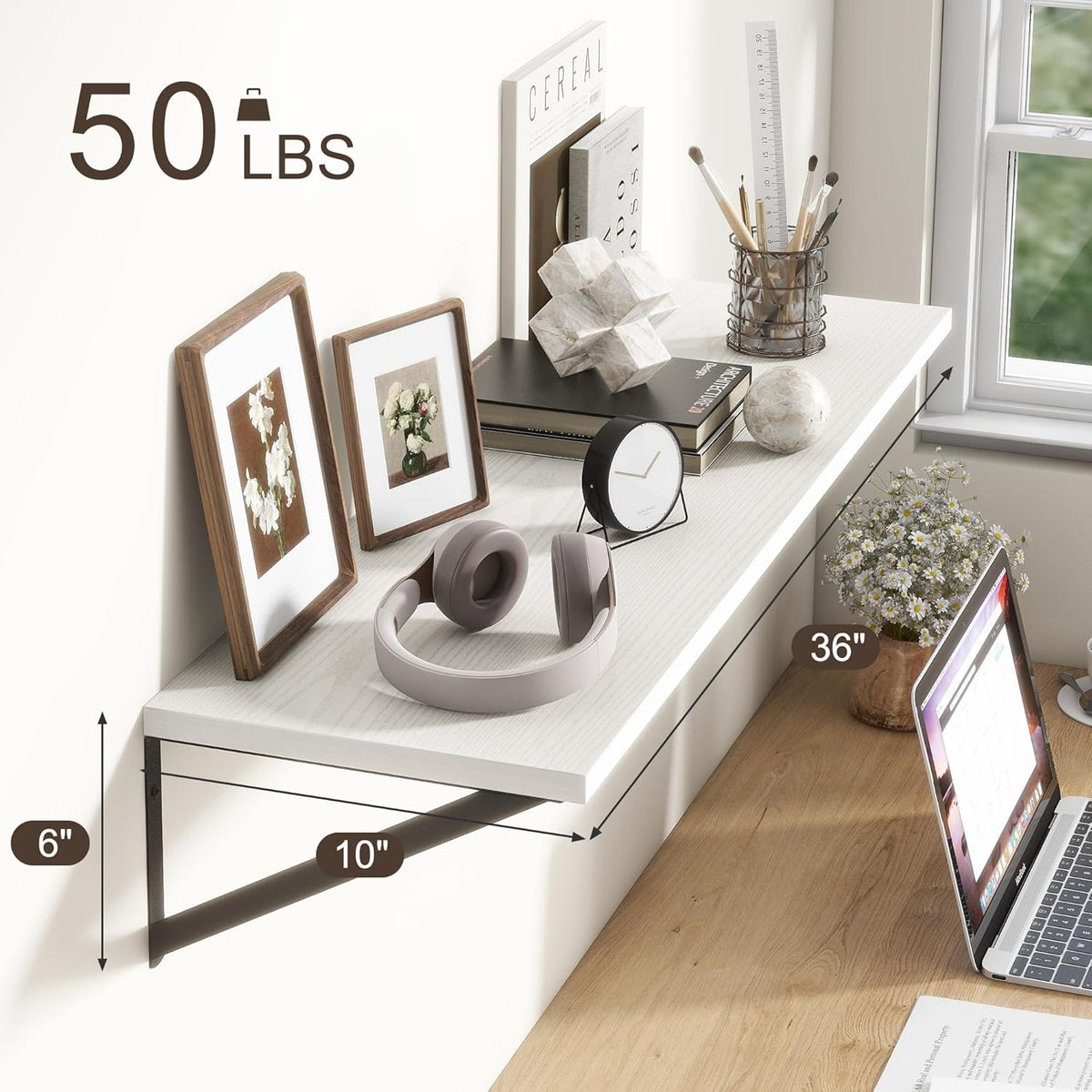 36"W x 10"D Floating Shelves, 10 Inch Deep White Floating Shelves, Farmhouse Rustic Deep Wall