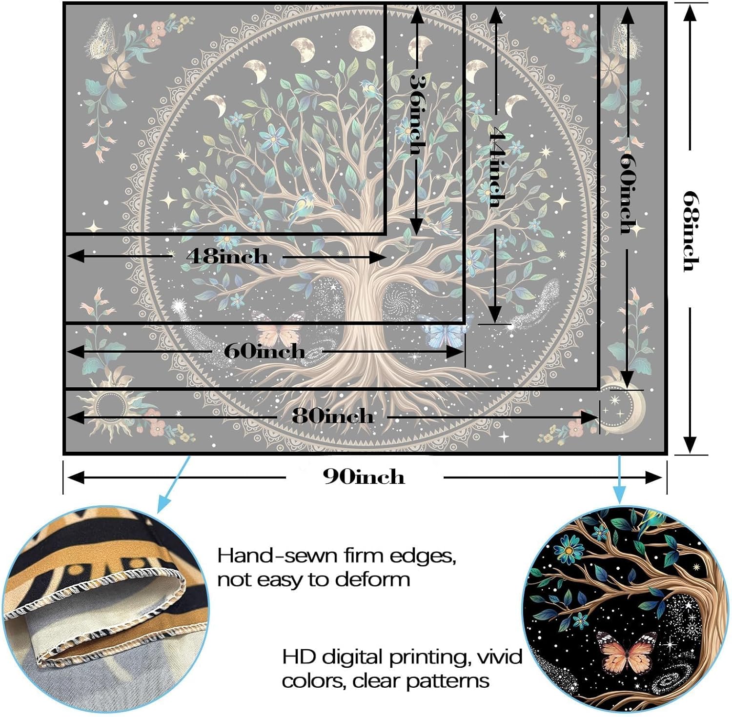 Lunerfex Tree of Life Tapastry Sun and Moon Tapastry Flower Boho Tree Mandala Wall Hanging for