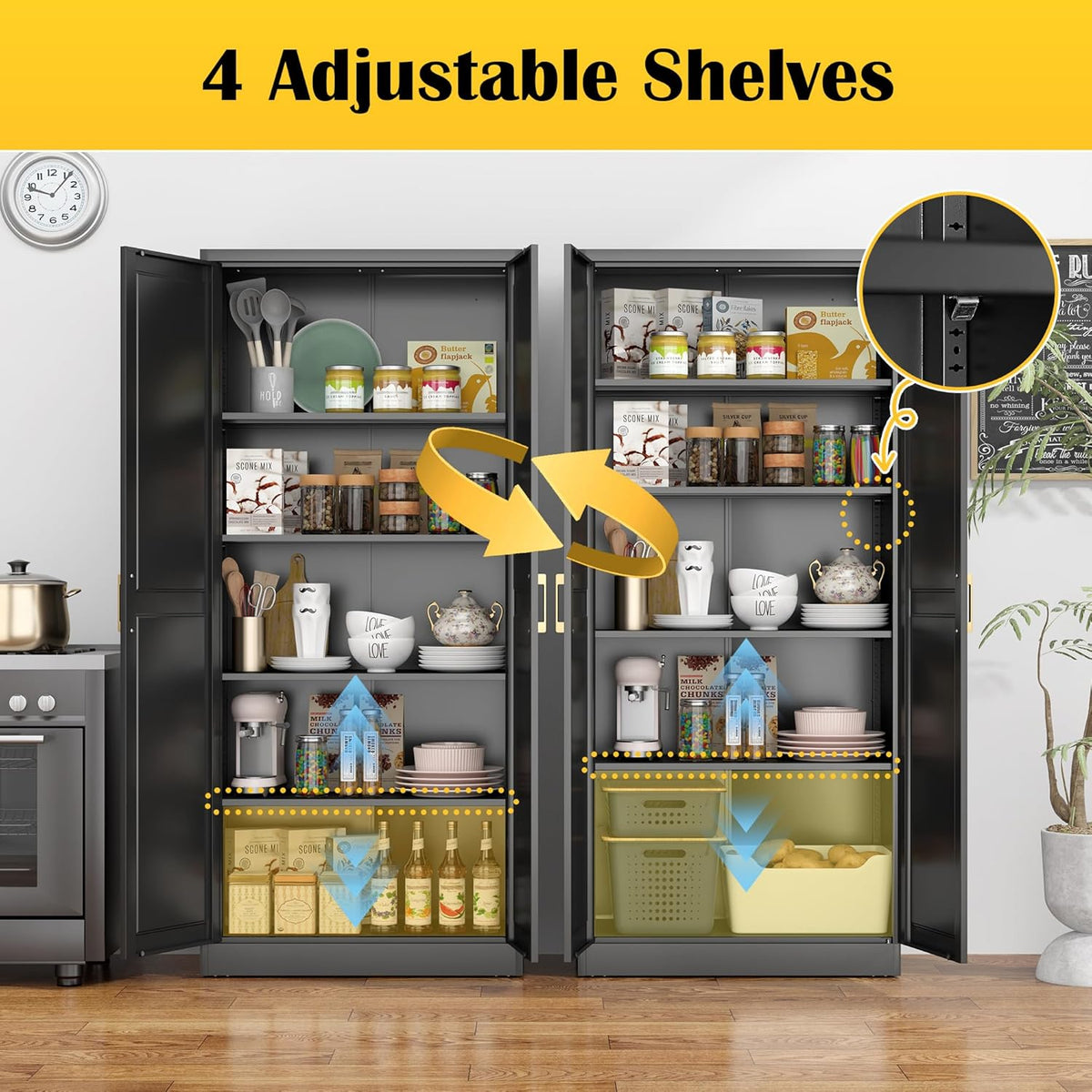 Kitchen Pantry Cabinet,71”Black Metal Pantry Storage Cabinet with Doors and 4 Adjustable