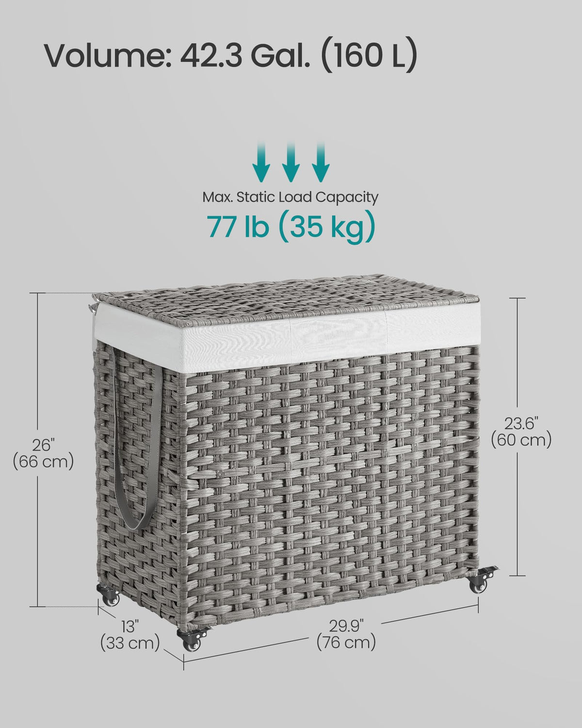 SONGMICS Laundry Hamper with Lid, 42.3 Gallons (160 L), Rolling Laundry Basket with Wheels