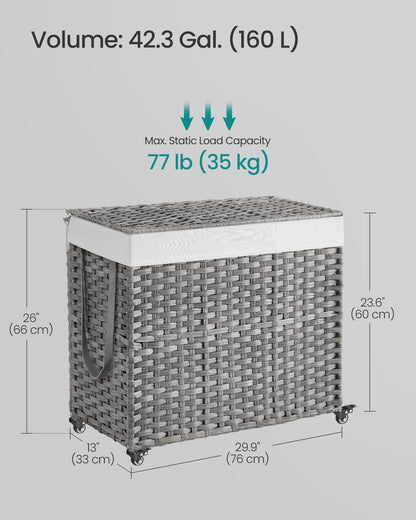 SONGMICS Laundry Hamper with Lid, 42.3 Gallons (160 L), Rolling Laundry Basket with Wheels