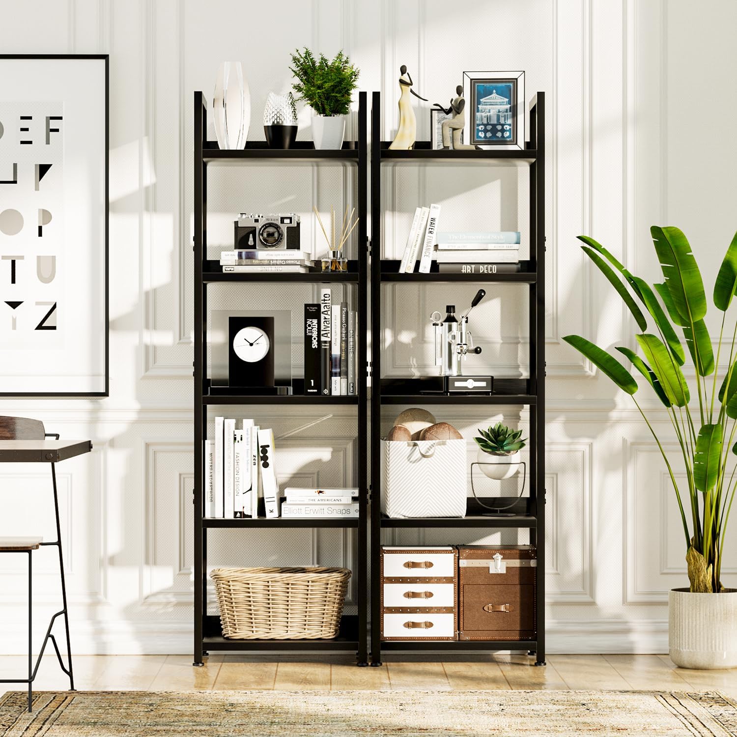 NUMENN Narrow Bookshelf, 5 Tier Bookshelves, Home Office Bookcase Shelf Storage Organizer, Free
