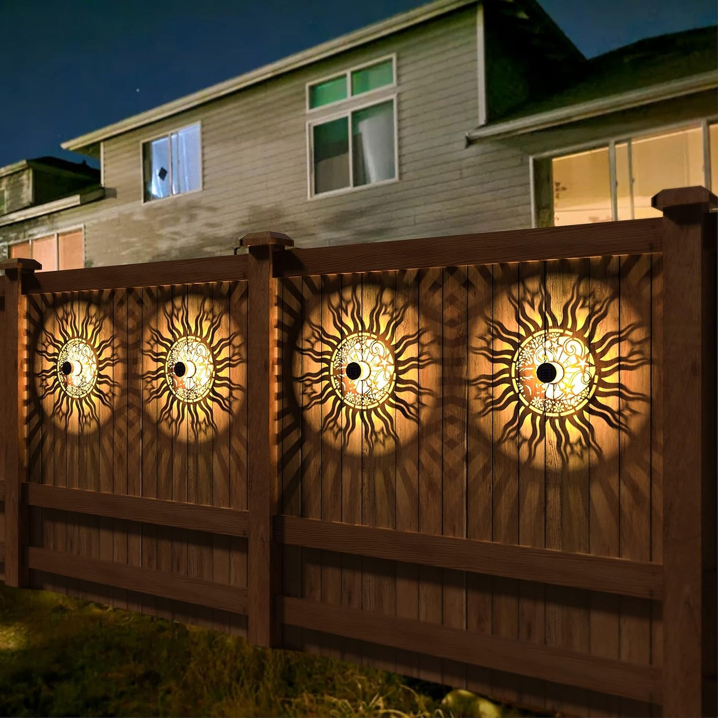 2 Pack Solar Fence Lights Metal Solar Powered Outdoor Wall Deck Lights Sun Moon Theme Waterproof