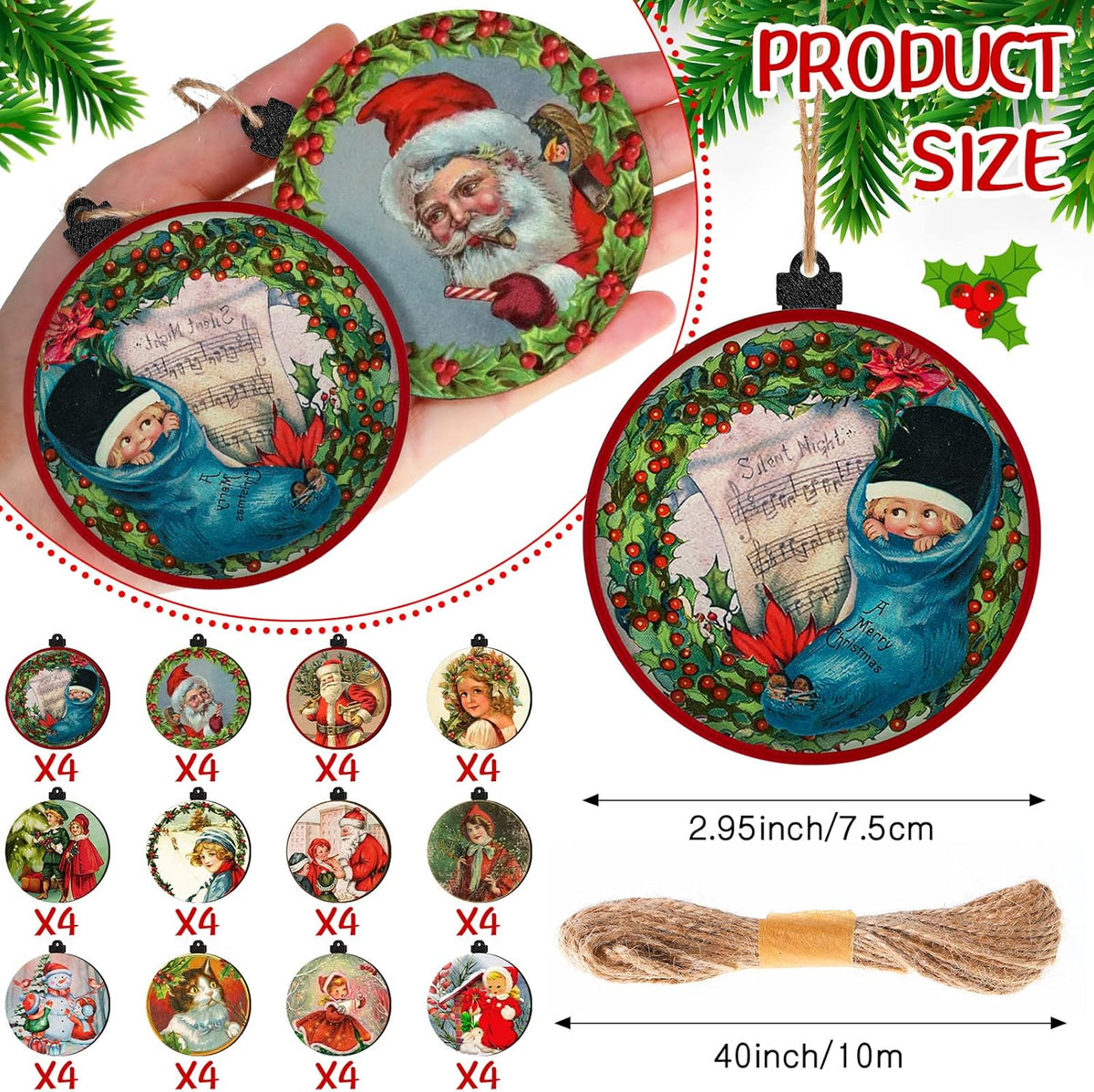 48-Piece Vintage Wood Christmas Tree Ornaments - Santa, Snowman & Retro Decor