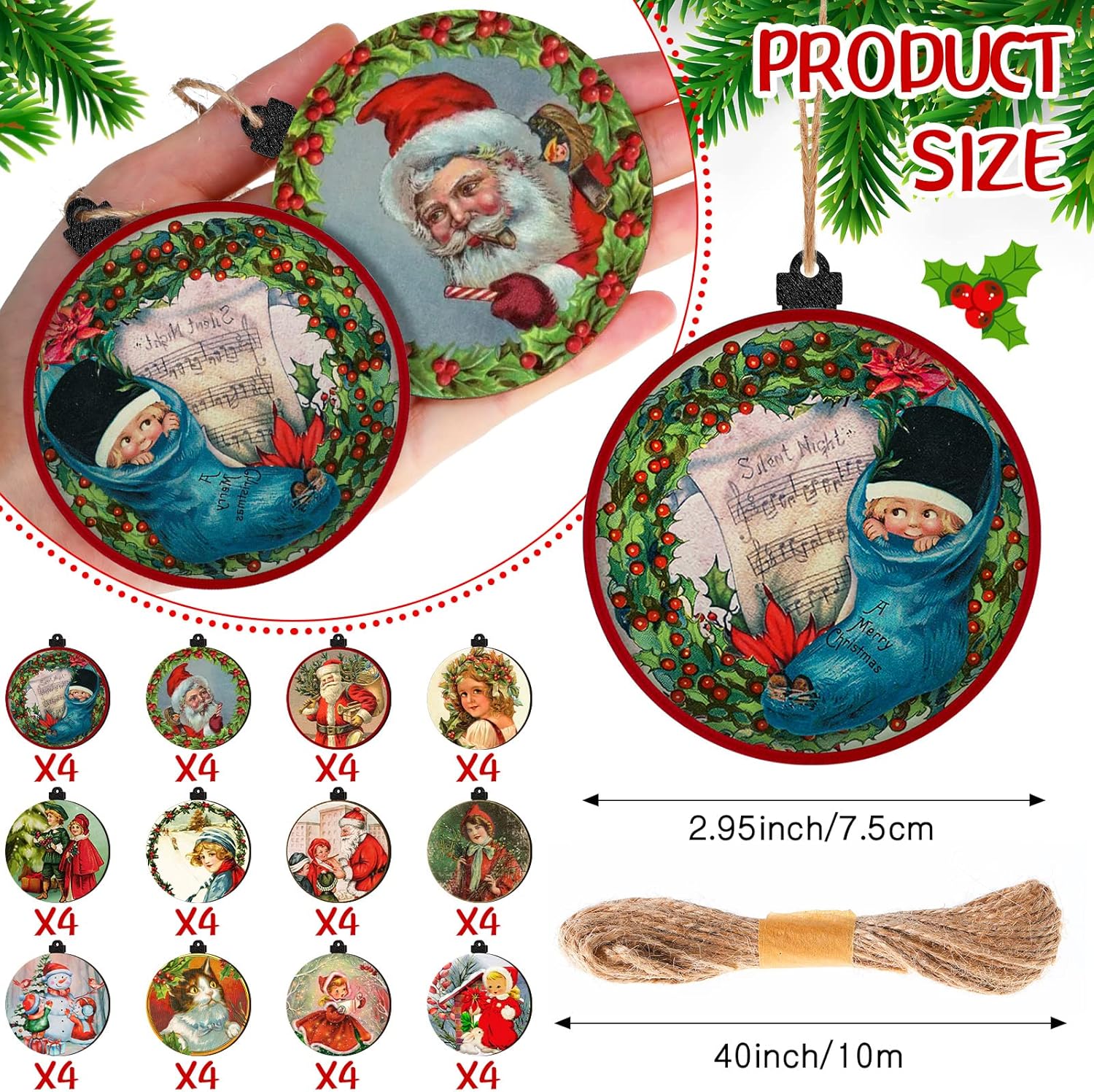 48-Piece Vintage Wood Christmas Tree Ornaments - Santa, Snowman & Retro Decor
