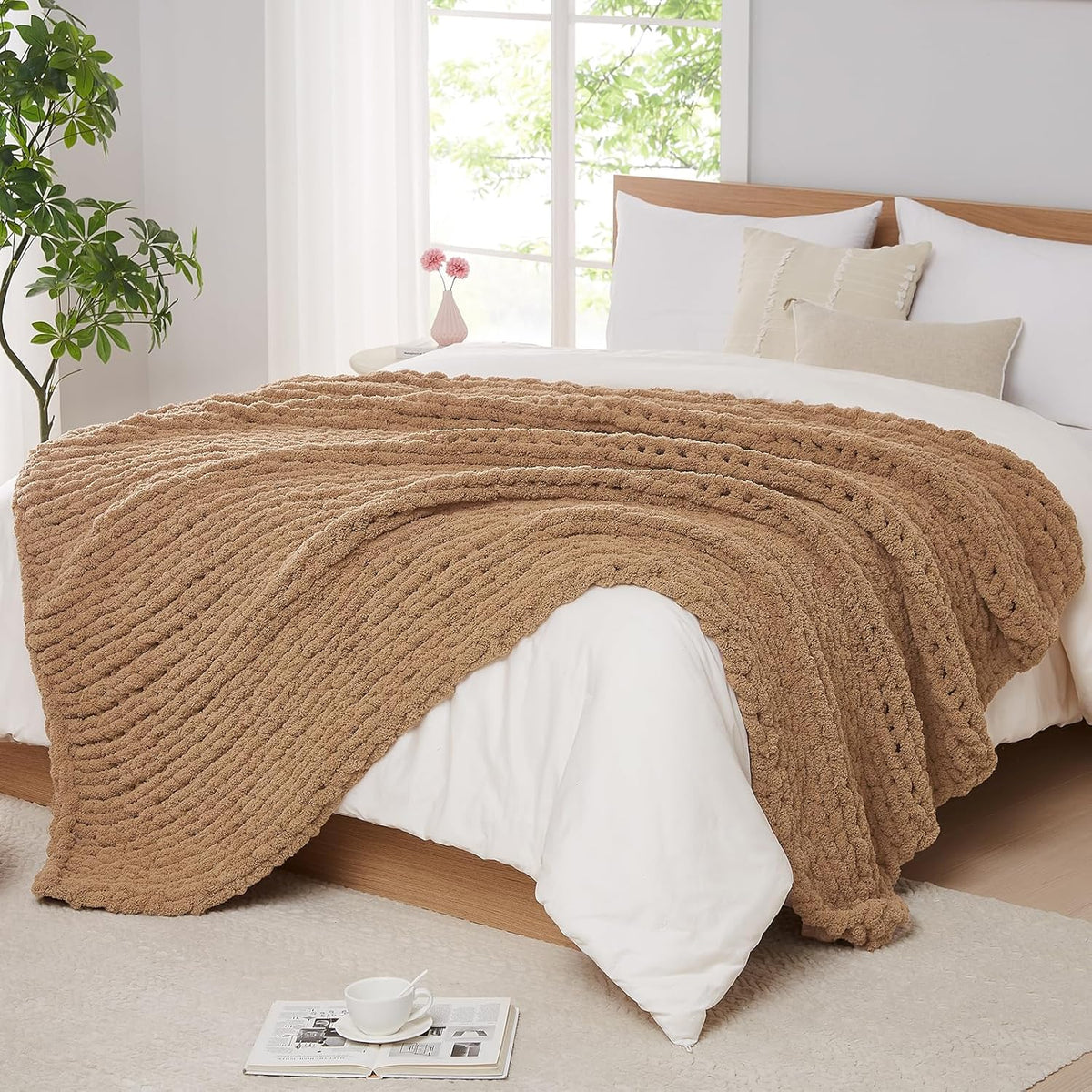 L'AGRATY Chunky Knit Blanket Throw: 50''x60'' Chenille Chunky Knitted Throw Blanket for Bed Couch