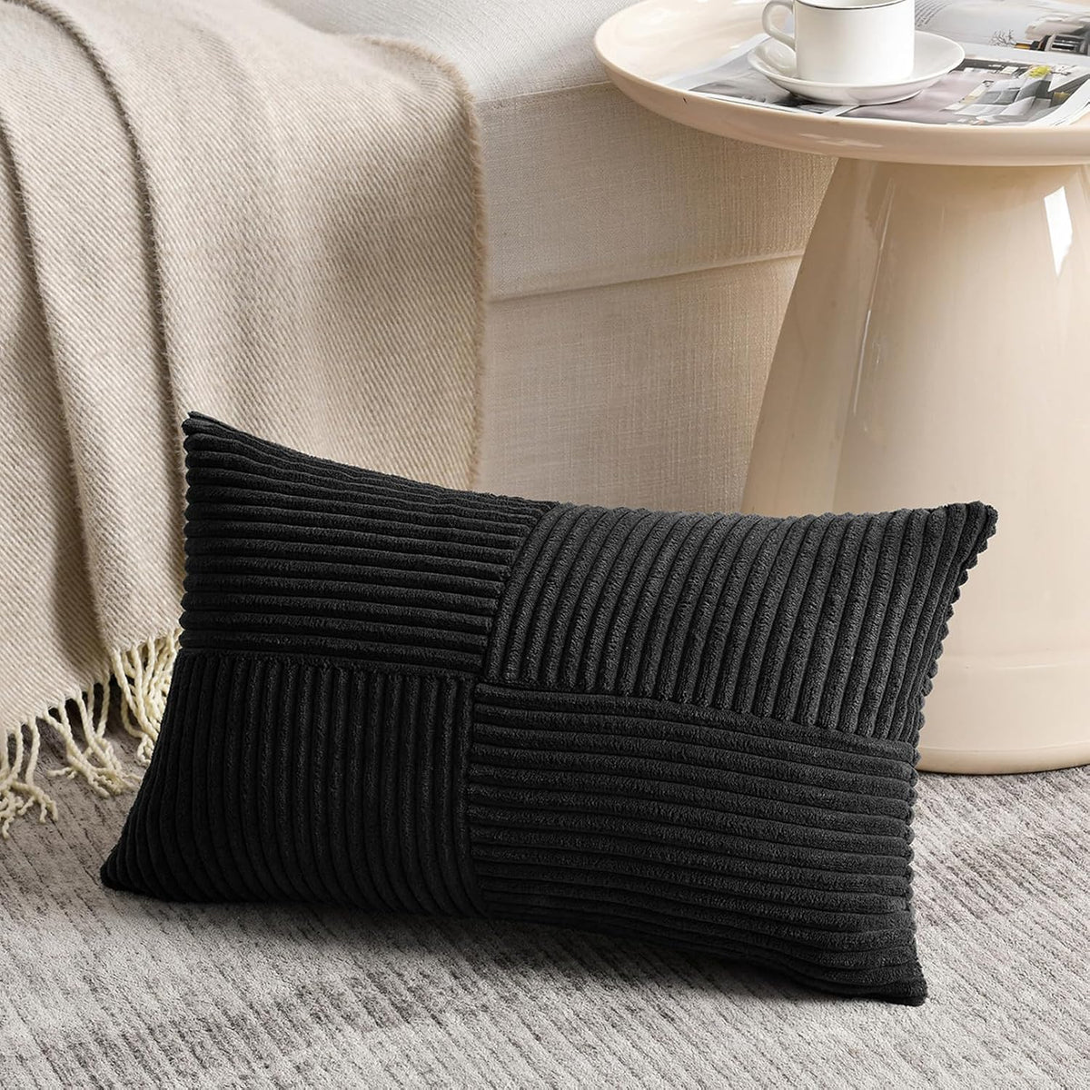Fancy Homi 2 Packs Black Long Lumbar Decorative Throw Pillow Covers 16x24 Inch for Couch Bed Sofa