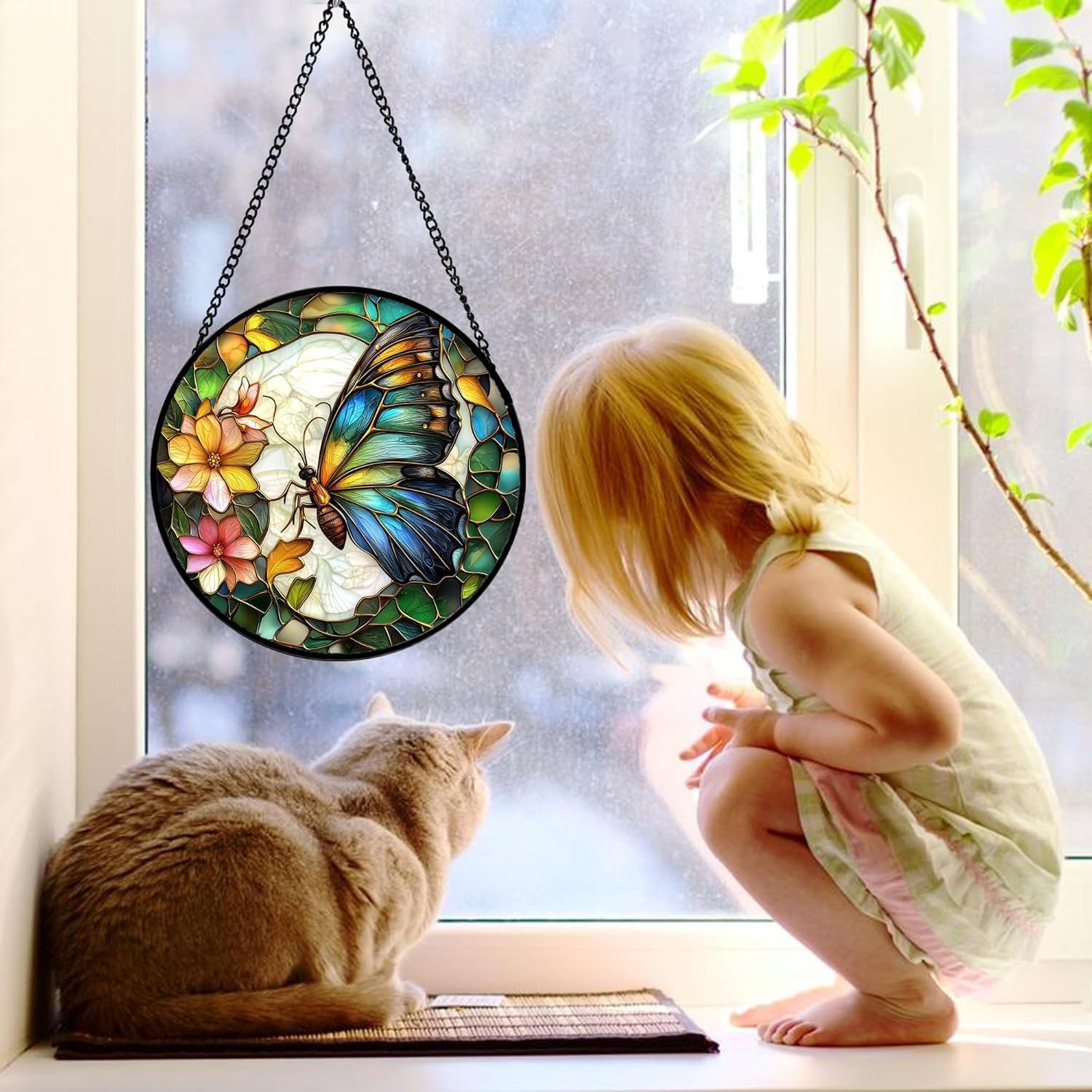Stained Glass Window Hanging, Butterfly Flower Sun Catchers Diamond Glass Panel Hangings Insect